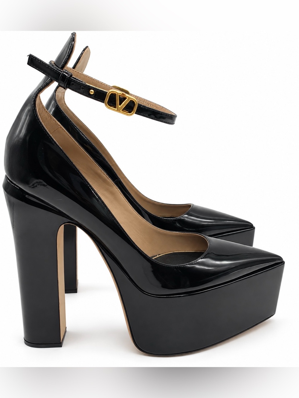 Valentino Black Patent Platform Pumps with Gold Logo Strap